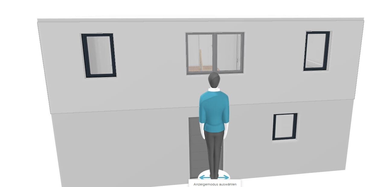 3D-Szene: Person in blauem Oberteil vor grauem, zweistöckigem Haus mit Fenstern, von hinten