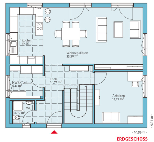Floor plan ground floor: kitchen, living/dining area, study, hallway, utility room, toilet, stairwell.