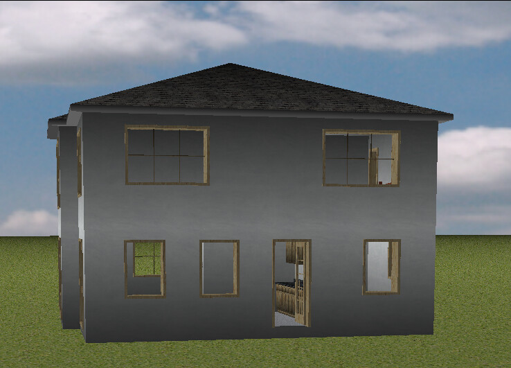Zweistöckiges graues Haus mit offenen Fenstern und Tür; Innenraum sichtbar, Grasfläche davor.