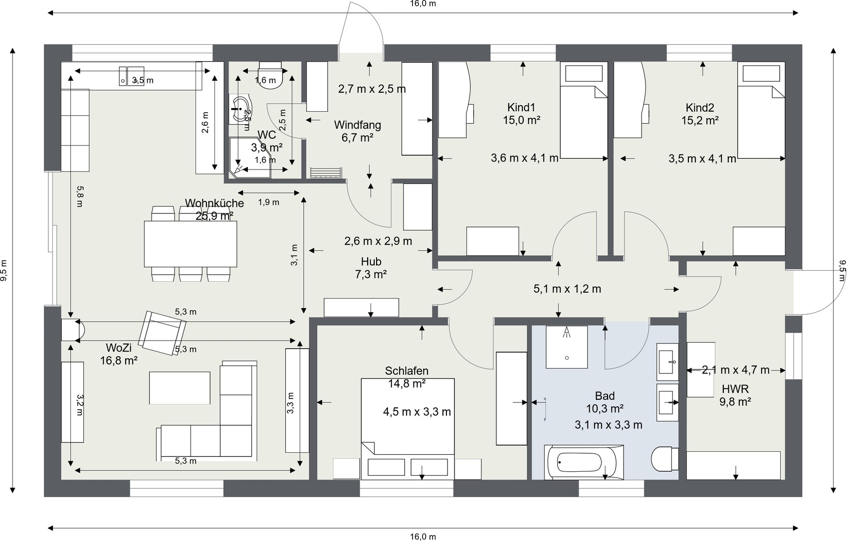 Grundriss eines Hauses: Wohnküche, Wohnzimmer, Schlafen, Bad, HWR, WC, Windfang, zwei Kinderzimmer.