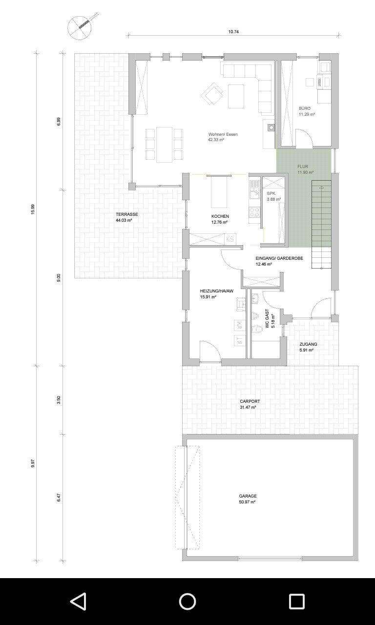 2D Grundriss eines Hauses mit Terrasse, Carport, Garage, Küche und Wohnzimmer