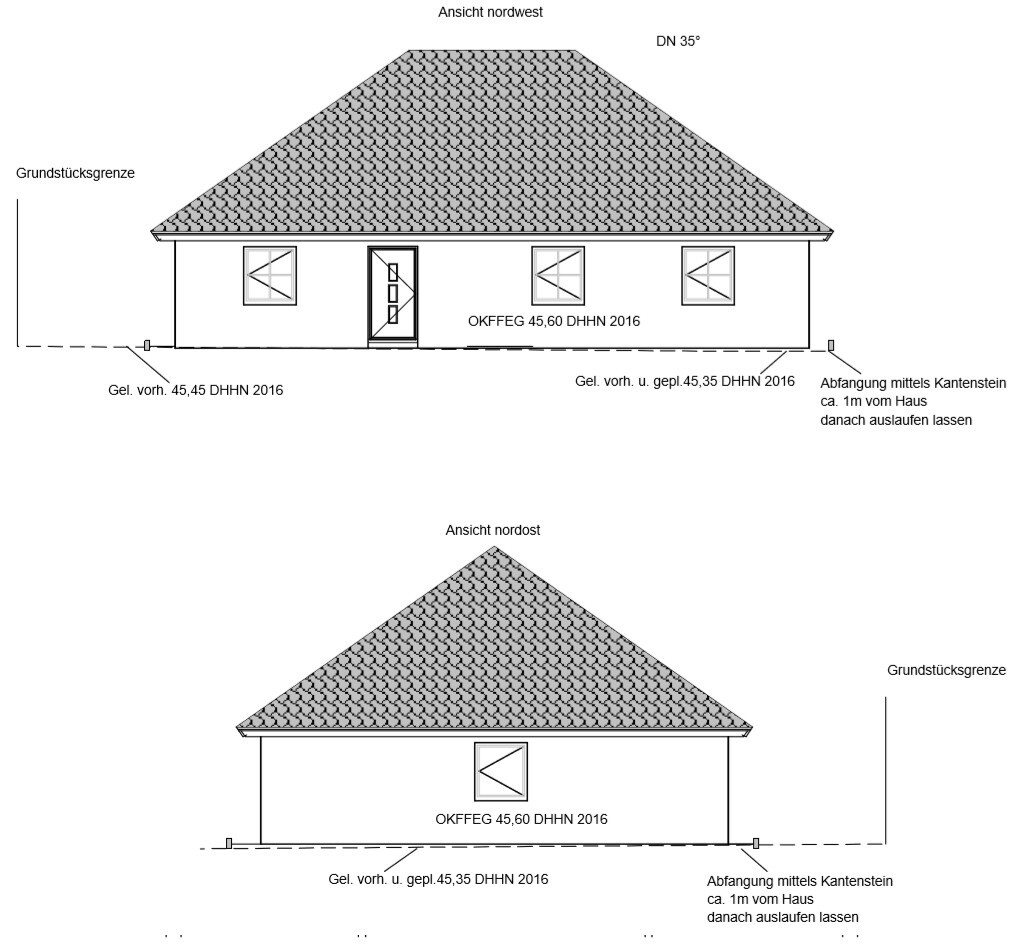 Architectural drawing: house views NW and NE with roof, windows, door, and boundary lines.