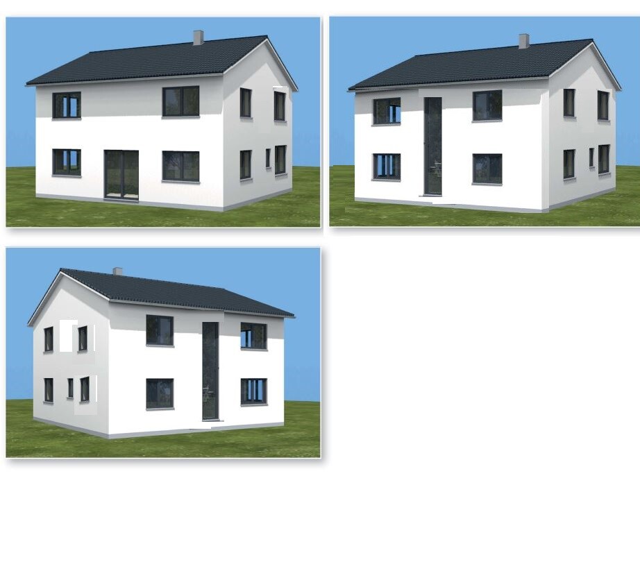 Triple view of a white two-story house with a dark roof on green lawn