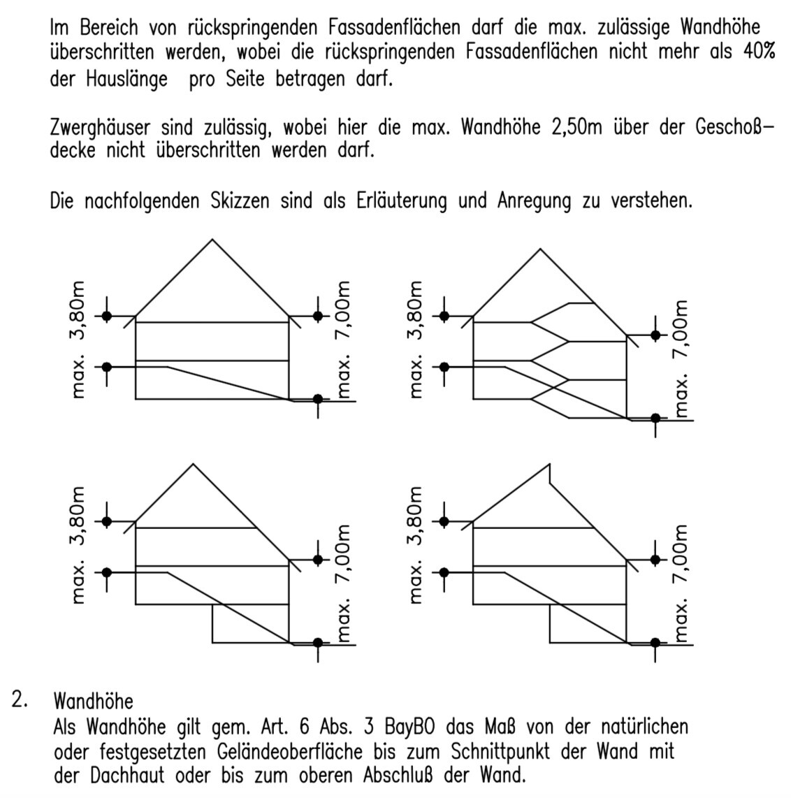 Four diagrams of building facades with height dimensions (3.80/7.00 m (12.5/23 ft)) and explanatory text.