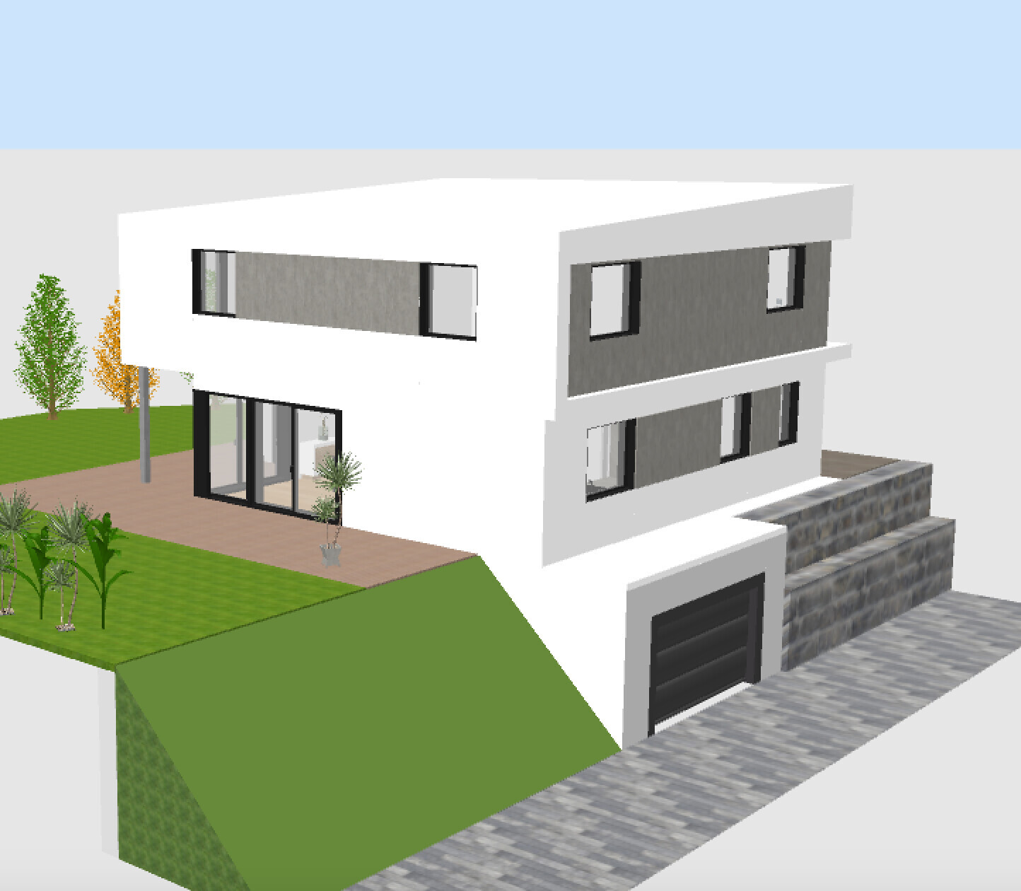 Modern white villa with gray facade, large garage, and stairway entrance.