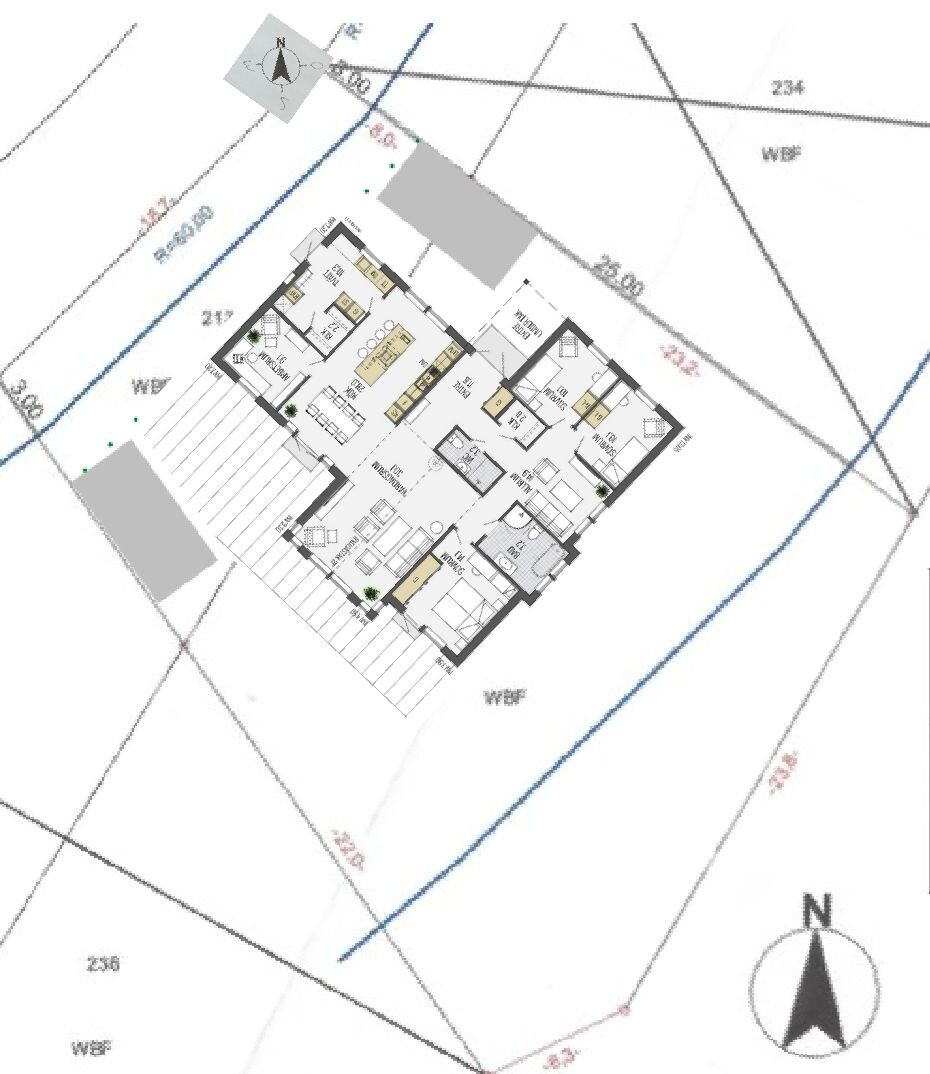 House floor plan with internal layout on a plot; compass rose in the image.