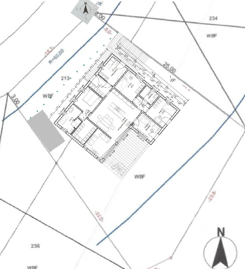 Overlay of a residential house floor plan on a site plan with compass rose in the background.