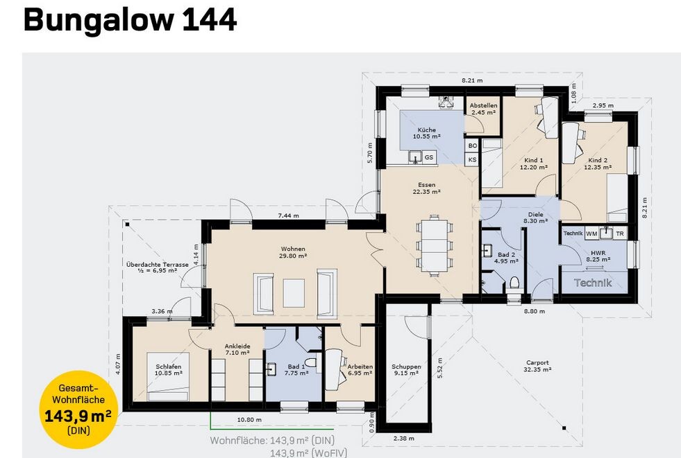 Bungalow floor plan with living area, kitchen, dining room, bathroom, bedroom, carport.