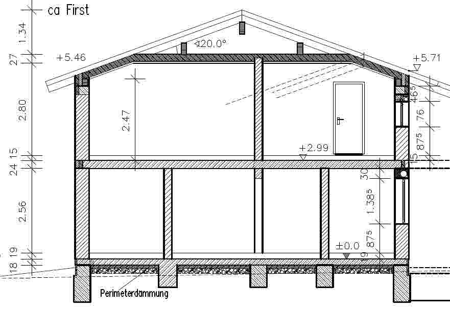 Cross-section of a two-story house with roof, door, foundation, beams, and dimensions.