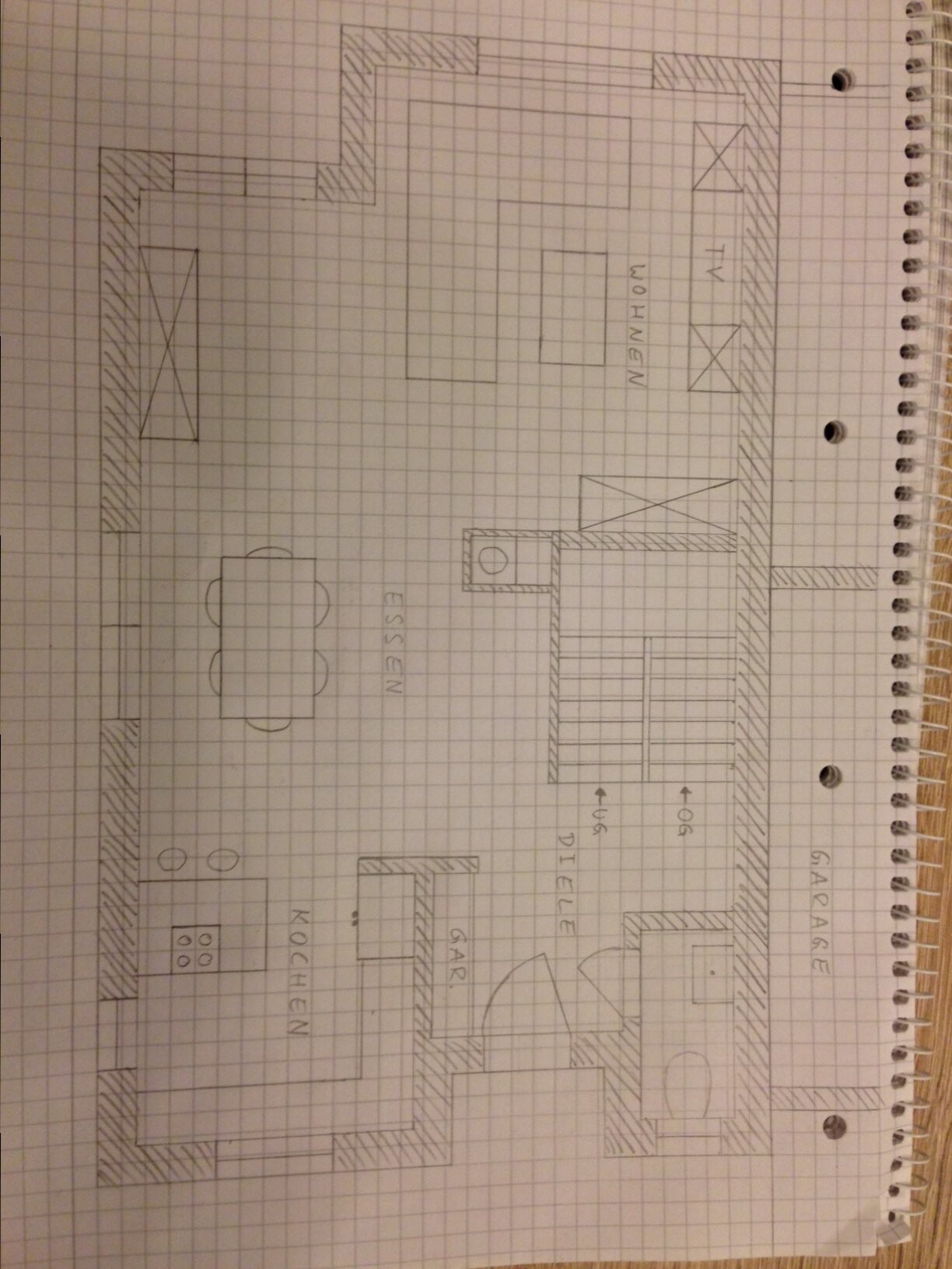 Hand-drawn floor plan of an apartment with kitchen, dining area, living room, hallway, and bathroom.