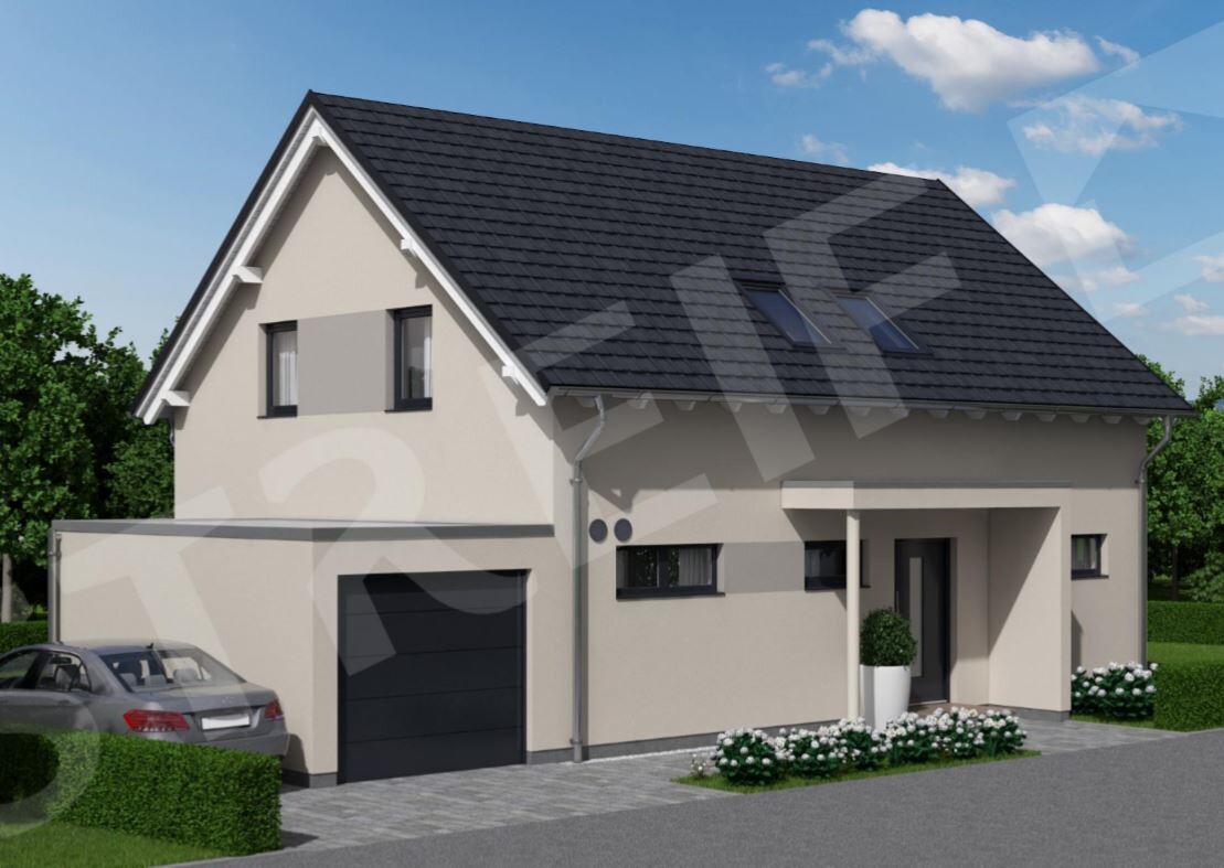 Modern detached house with garage, driveway, entrance area and front garden with flowers.