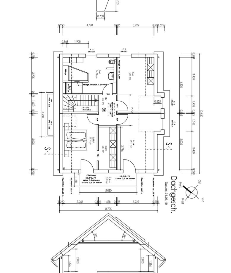 Floor plan of an attic with stairs, rooms, furniture and dimensions.