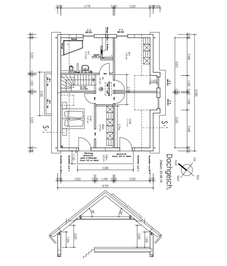 Attic floor plan with stairs, bathroom, rooms and roof profile (section).