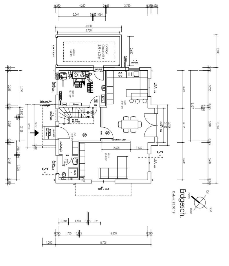 Detailed ground floor plan with measurements, doors, stairs, kitchen, dining room, living room.
