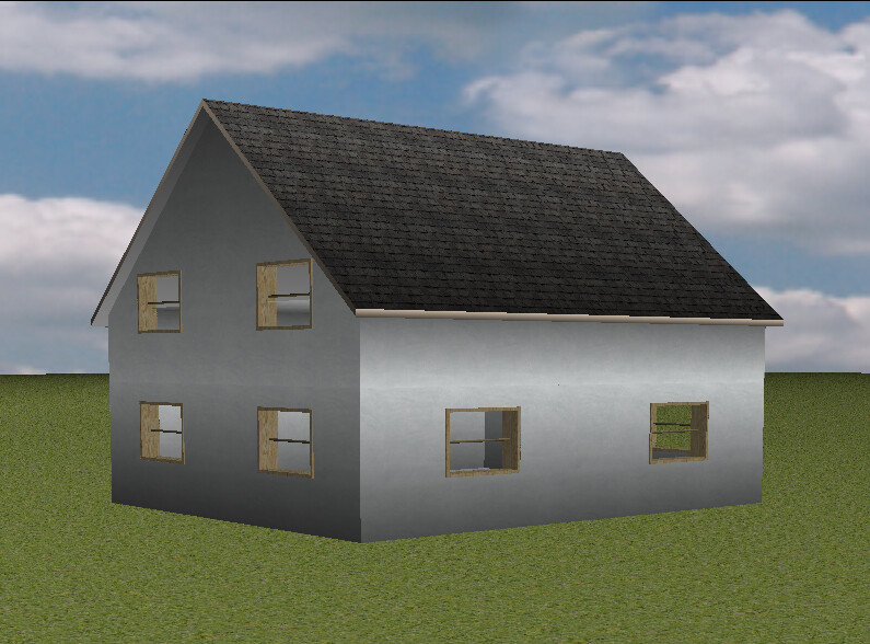 Grey house with dark gable roof on green lawn, clouds in the sky, 3D model.