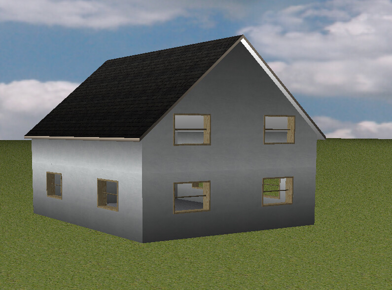 Grey two-story house with black gable roof, windows, and green lawn under blue sky.