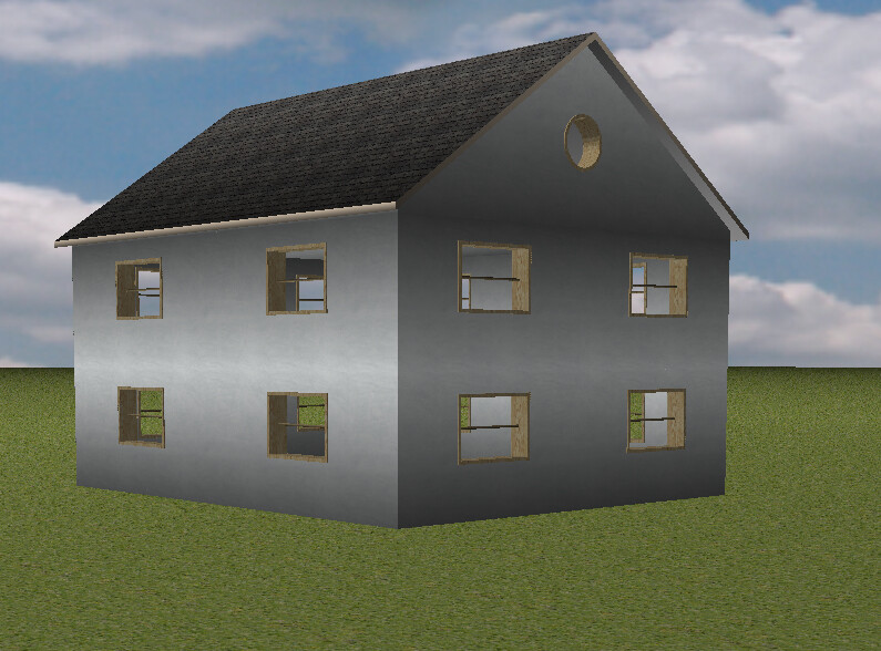 Two-story grey house with dark roof and open windows on green lawn.