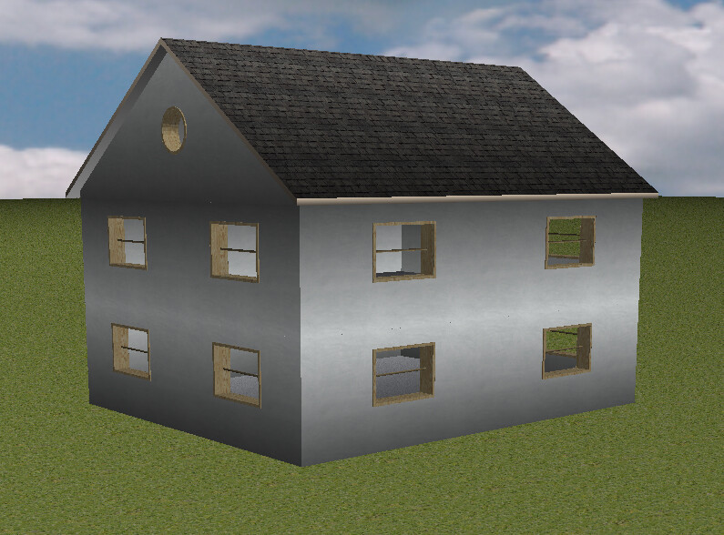 Two-story house with dark gable roof, incomplete window frames on grass.