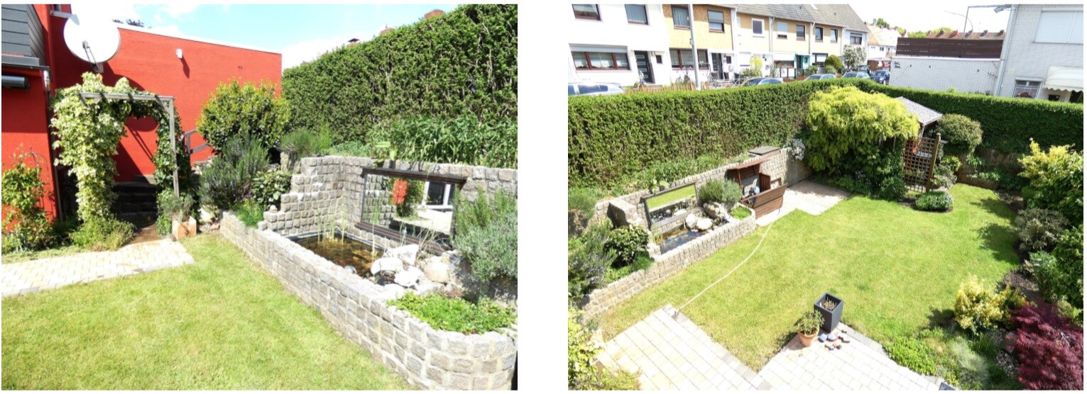 Garden with pond, stone walls, lawn area and seating area; two viewing angles.