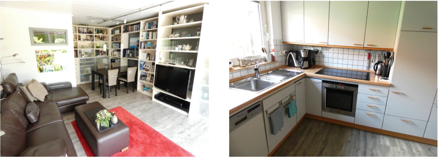Left picture: living room with leather sofa and coffee table; right picture: kitchen with sink and stove.