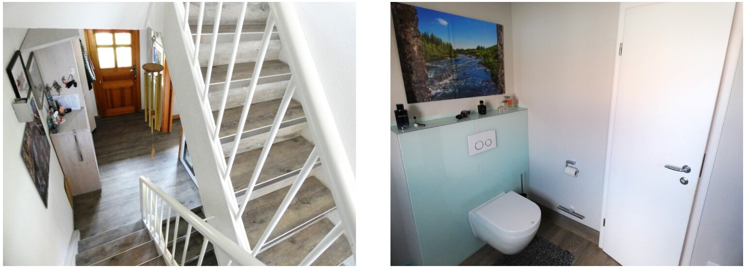 Left image: staircase in hallway; right: modern restroom with wall-mounted cistern and picture above.