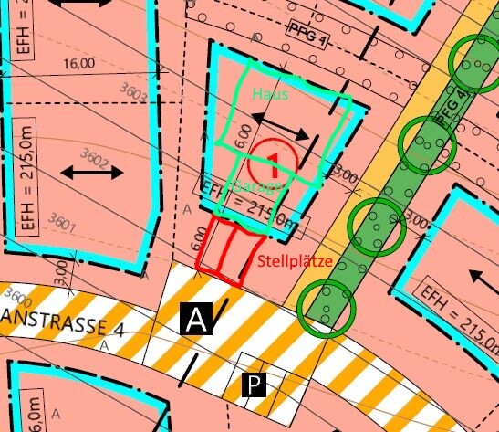 Grundriss eines Grundstücks mit Haus, Garage, Stellplätzen, Parkflächen, Bäumen, Anstrasse 4.