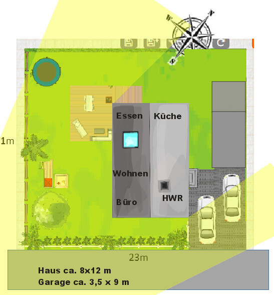 Top-Down floor plan: house with dining, kitchen, living area, office, utility room; garage; garden with pool.
