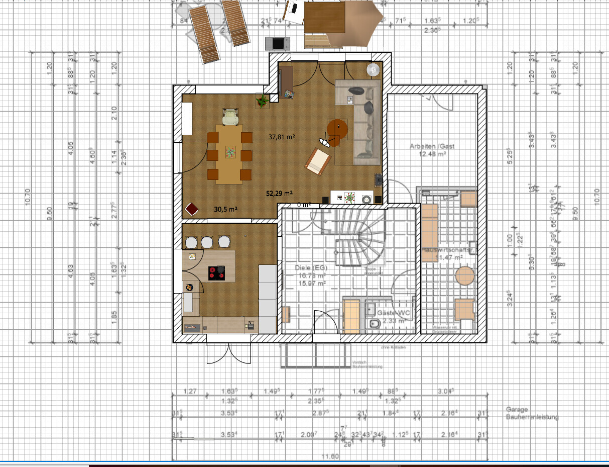 Grundriss eines Hauses mit Küche, offenem Wohn- und Essbereich, Diele, Gäste-WC, Treppe und Außenbereich.