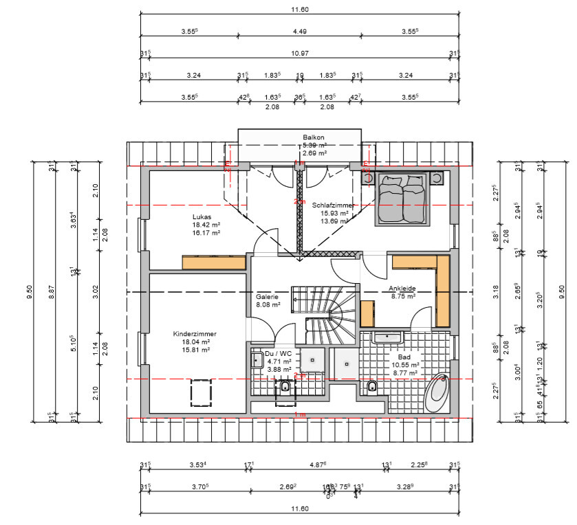 Grundriss eines Dachgeschosses mit Schlafzimmer, Kinderzimmer, Galerie, Bad, Ankleide, Balkon.