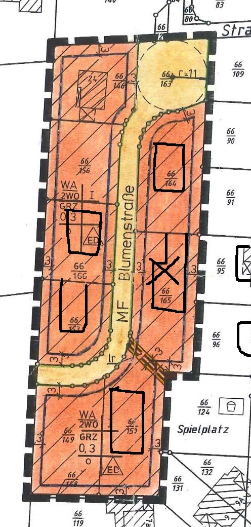 Lageplan eines Grundstücks mit Parzellen, Straßen und Gebäudeblöcken