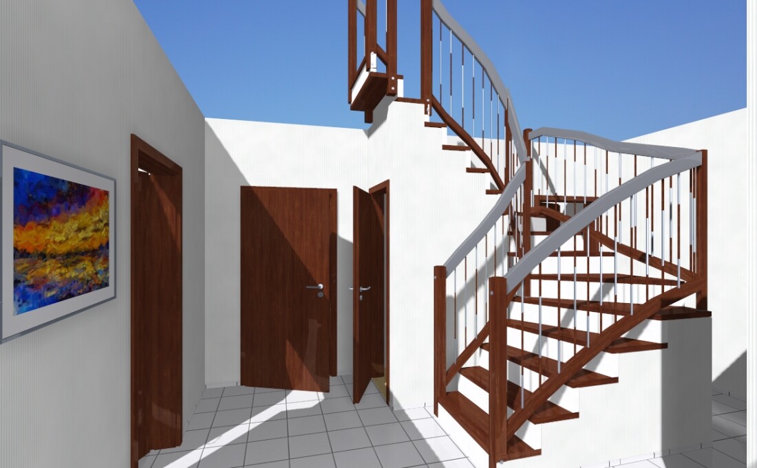 Heller Innenraum mit drei Holztüren, weißen Wänden, Fliesenboden und Wendeltreppe.