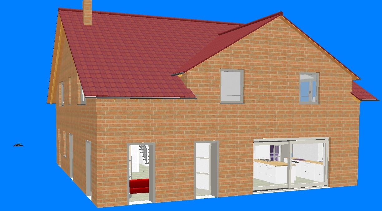 Brick house with red pitched roof, window fronts, door; view into kitchen/living room through glass front.