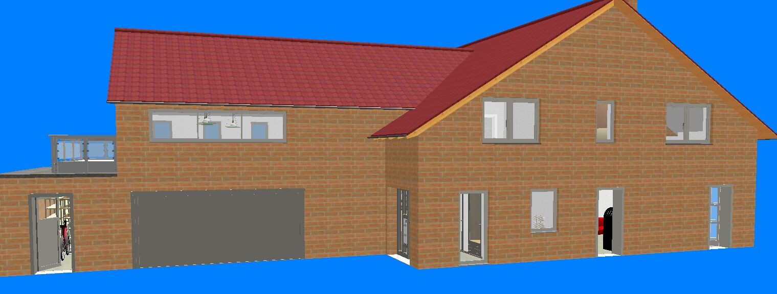 Two-story brick house with red roof, large garage on the left and balcony.