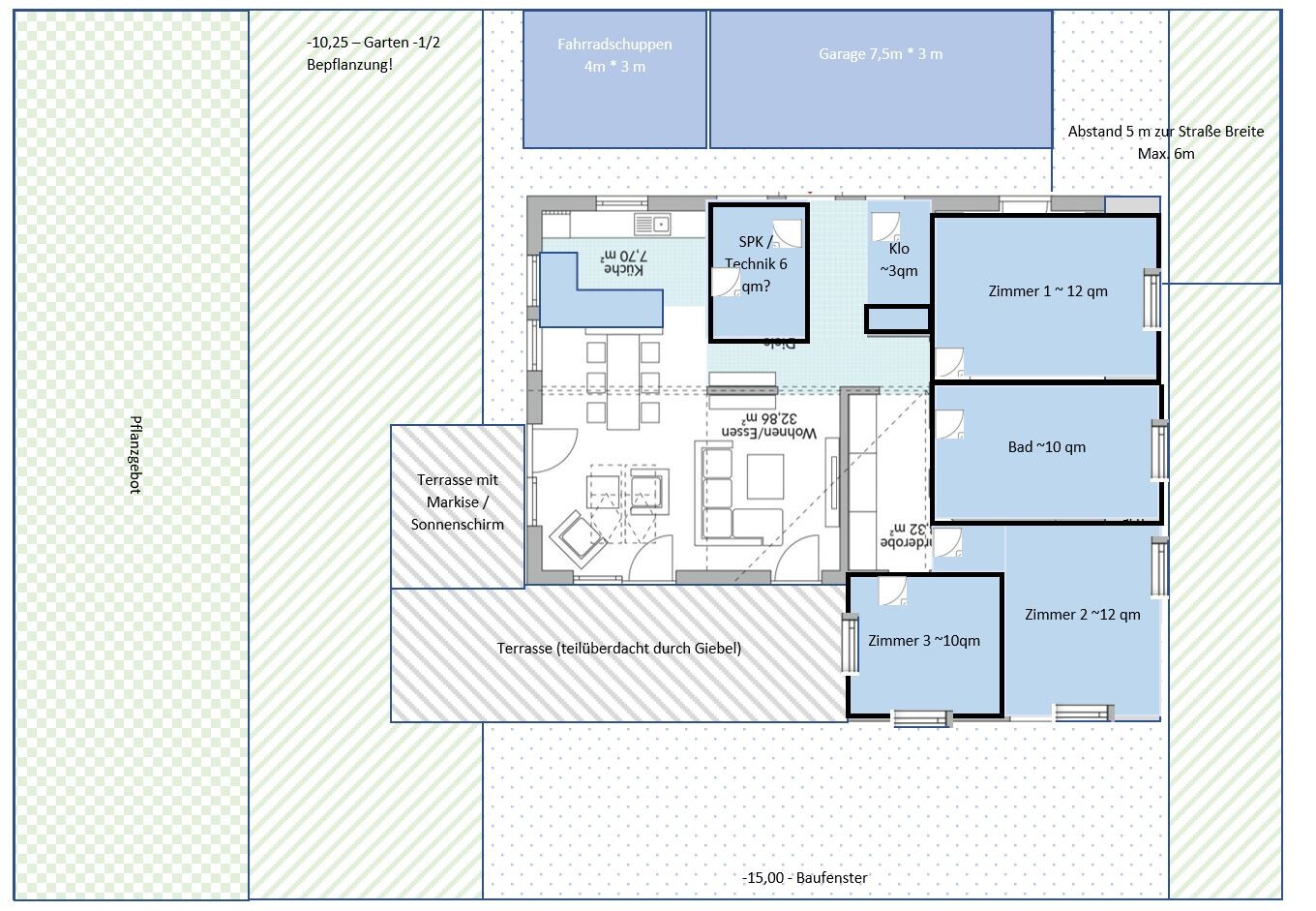 Floor plan of a house with terrace, garden, garage, carport, living/dining area, bathroom, and rooms.