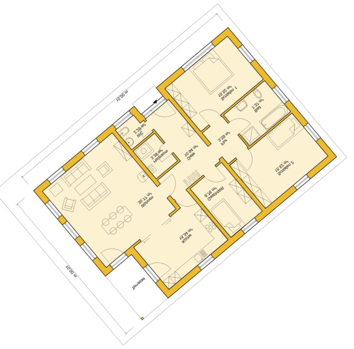Floor plan of an apartment with living room, kitchen, bathroom, hallway, and bedroom; yellow highlighted walls.