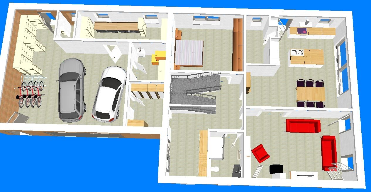 3D floor plan: garage with two cars, kitchen, living room, dining area, bedroom, stairwell.