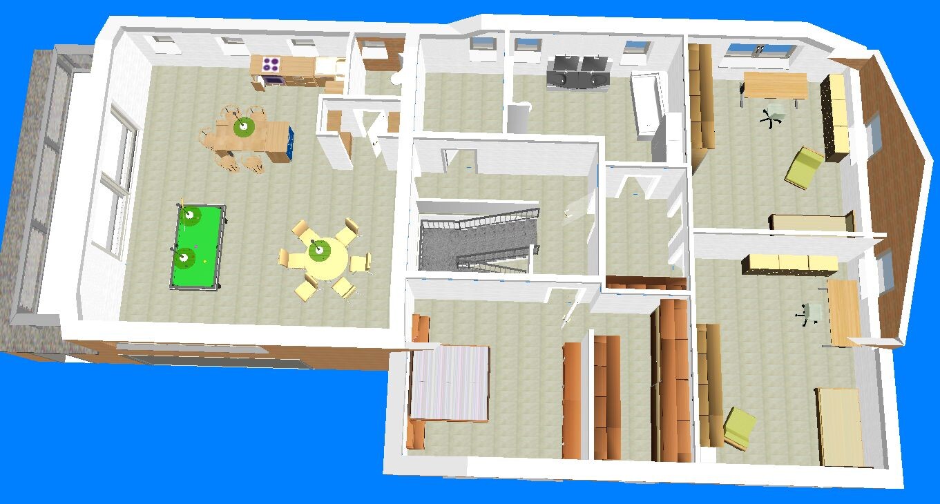 3D floor plan of a house with kitchen, dining area, living room, bedroom and stairs