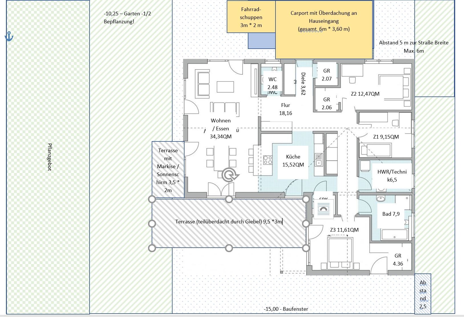 Floor plan of a house: Living/dining, kitchen, bathroom, hallway, terrace, garden, carport, bike shed.