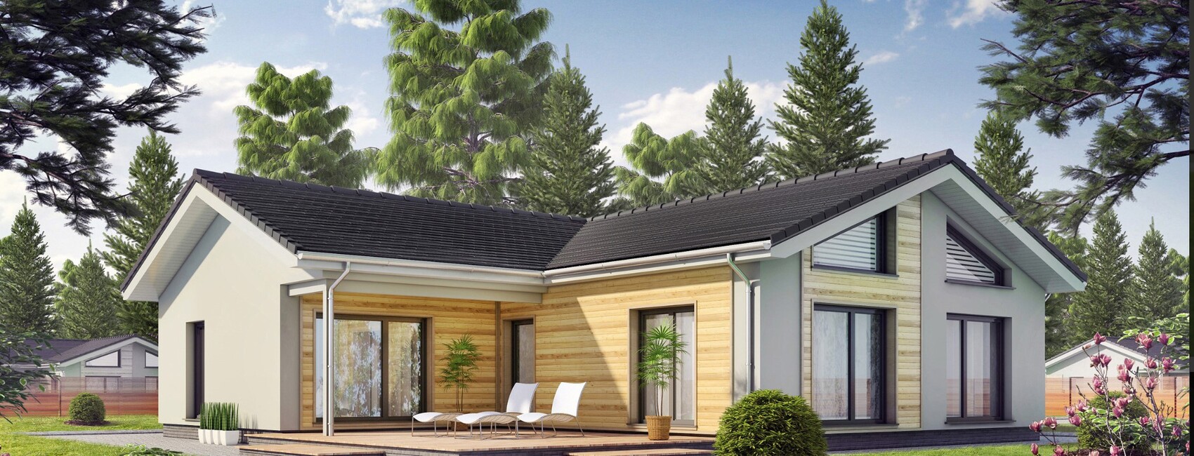 Modern detached house with wooden accents, terrace, and garden, surrounded by trees.