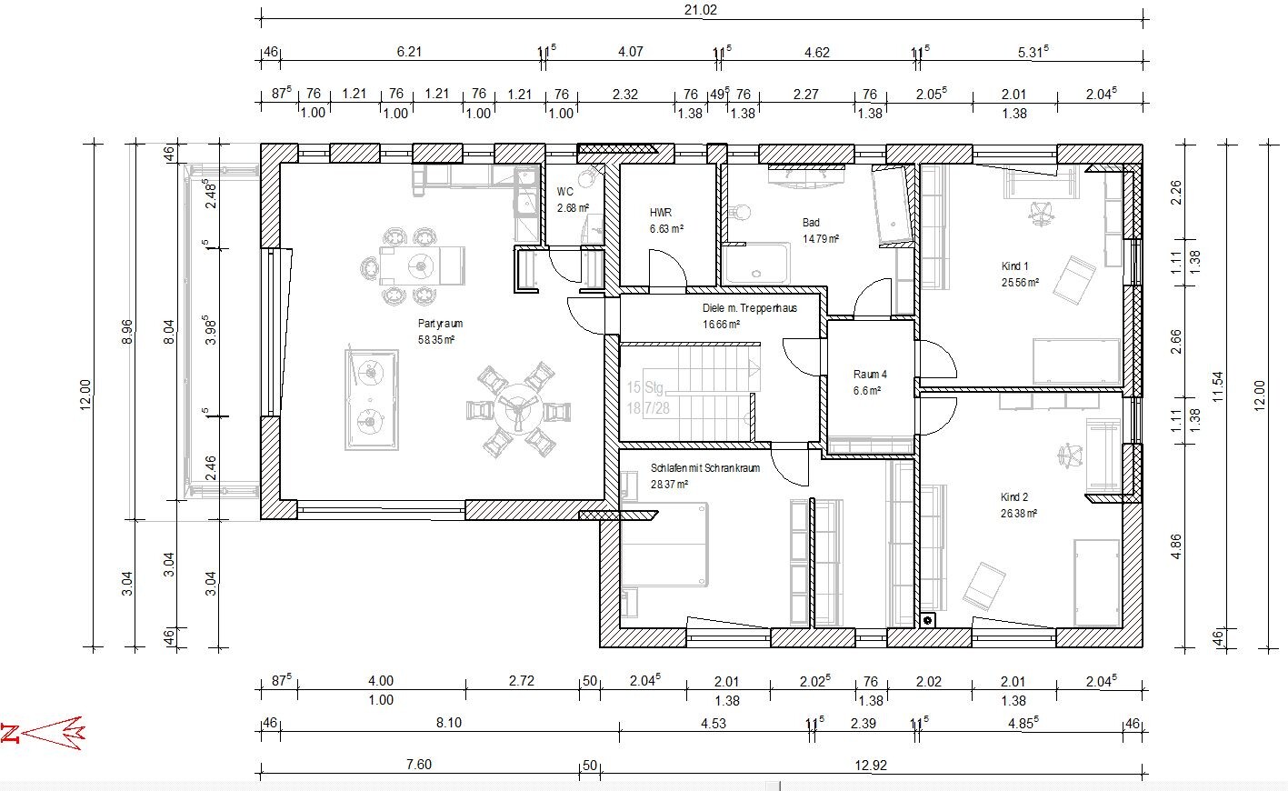 Floor plan of a detached house: party room on the left, bedroom, two children’s rooms, bathroom, WC, hallway.
