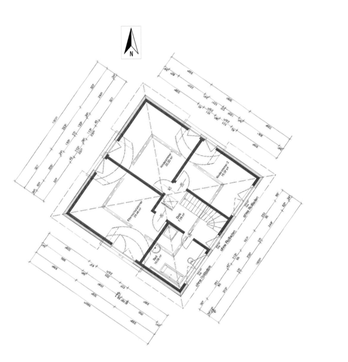 Floor plan of a house with several rooms, doors, dimensions, and north arrow.