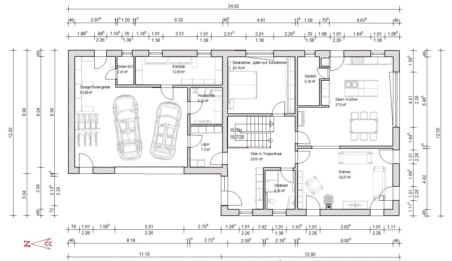 Floor plan of a detached house with garage, workshop, storage, stairwell, kitchen, dining, living.