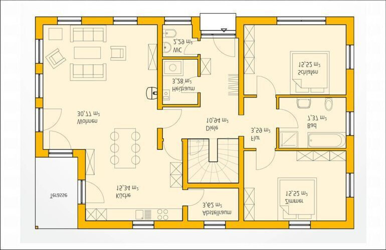 Floor plan of a house with living room, kitchen, dining area, bedrooms, and bathroom.