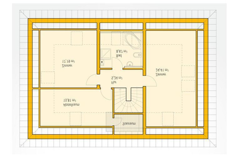 Attic floor plan with central stairs, bathroom, multiple rooms, and orange outline.