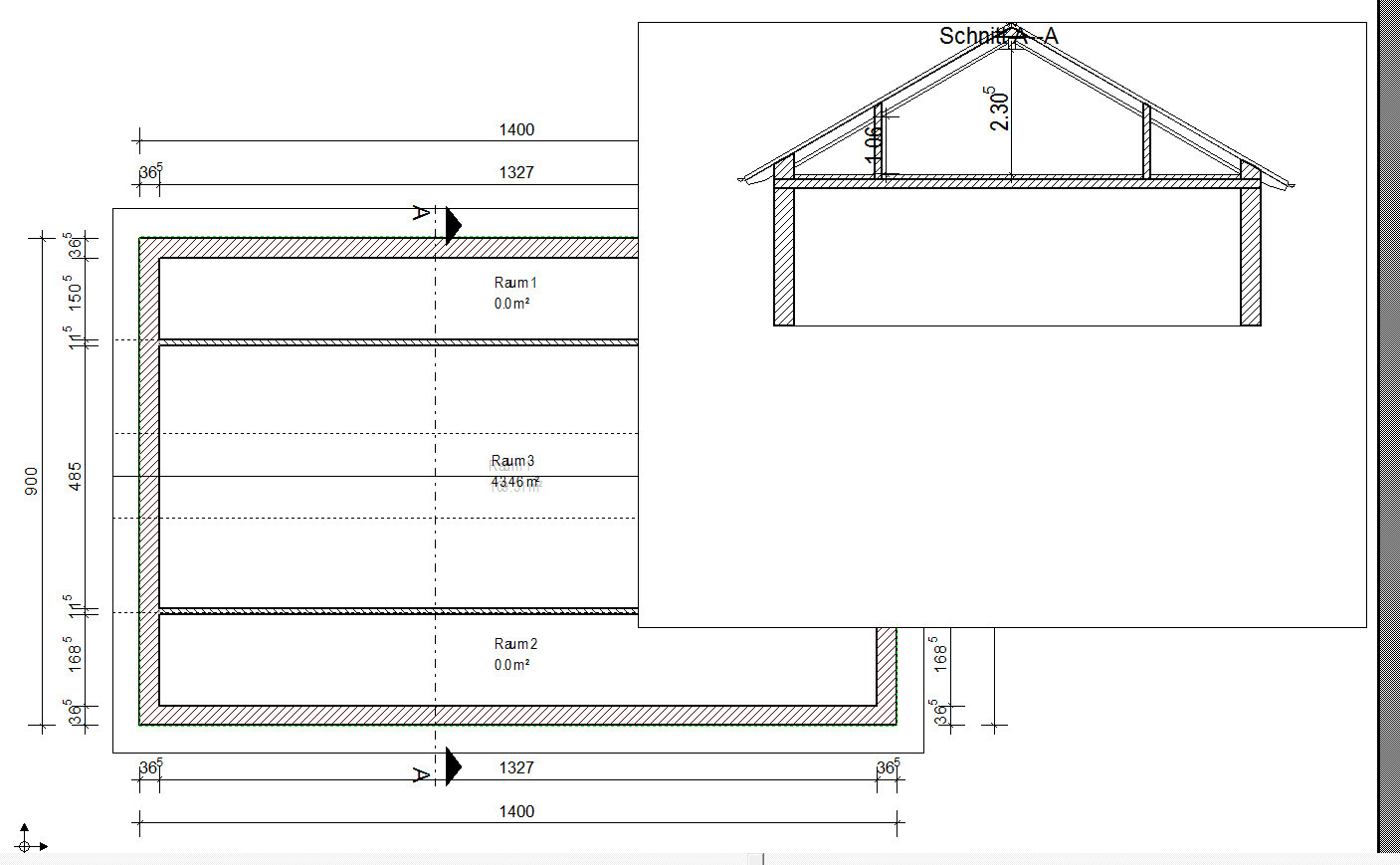 Floor plan of a building with three rooms, dimension lines, exterior wall, and section A