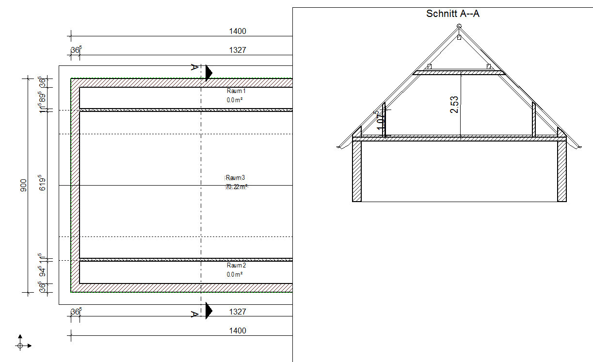 Second image: Left floor plan with three rooms (Room1–Room3) and right roof truss section.