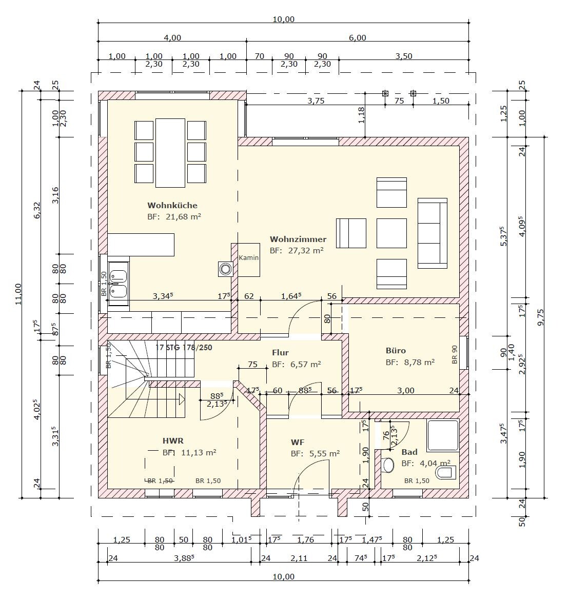 Ground floor plan: kitchen/dining/living area, hallway, office, utility room, bathroom, fireplace in the living room.