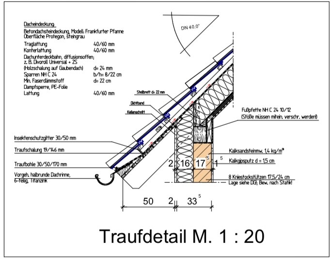 Traufdetail M. 1:20 – Querschnitt Dachaufbau mit Sparren, Dämmung und Dachhaut.