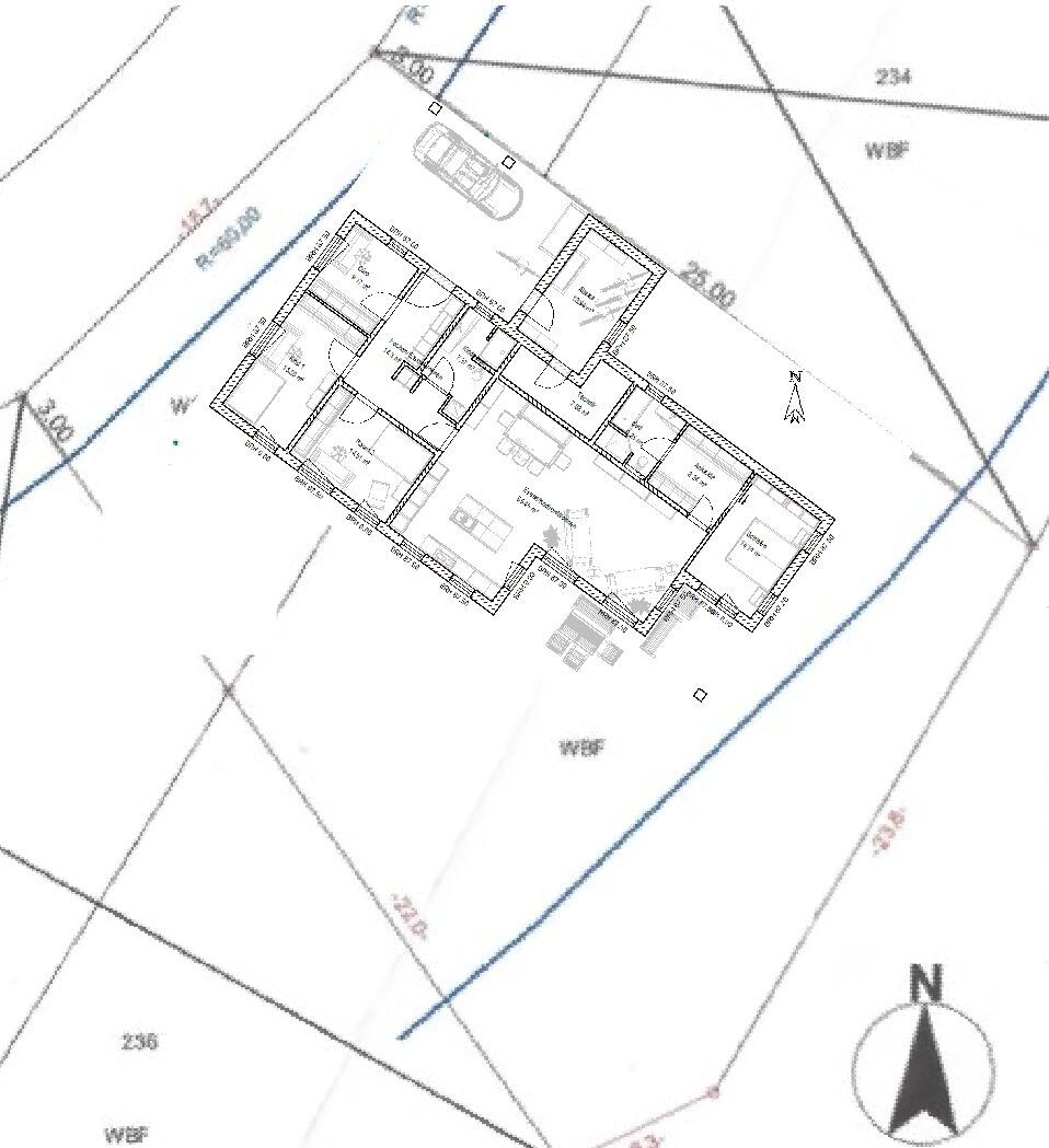 Floor plan of a house on a site plan showing plot boundary and north arrow.