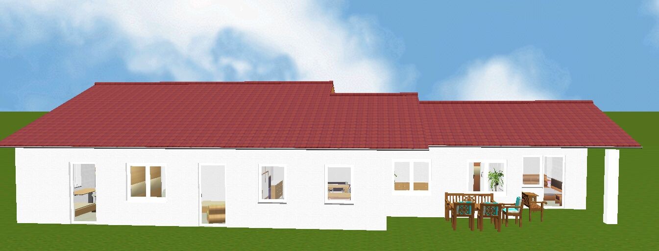 White single-family house with red tile roof, green lawn and terrace with wooden table and chairs.